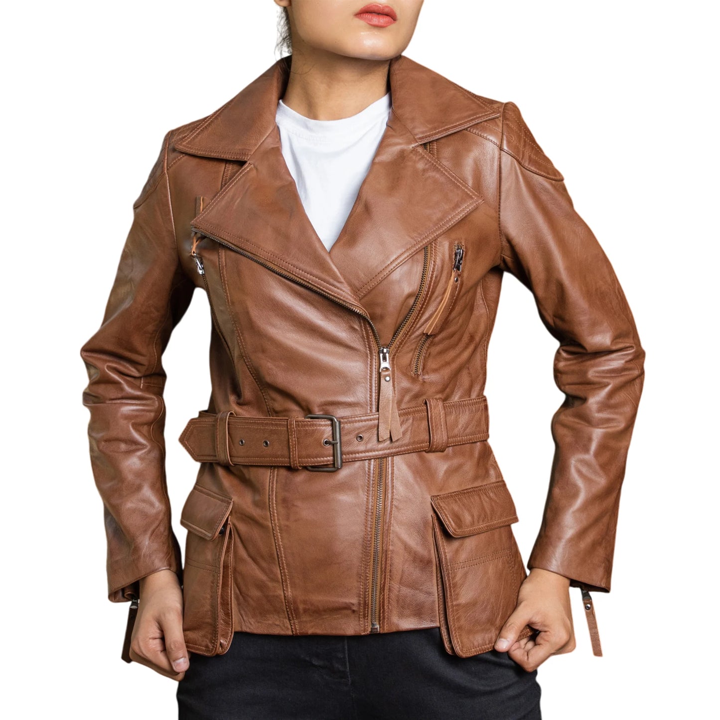 Handmade jackets Real Leather Jacket Leather Outerwear Ladies leather Jacket Belted Coat with Pockets