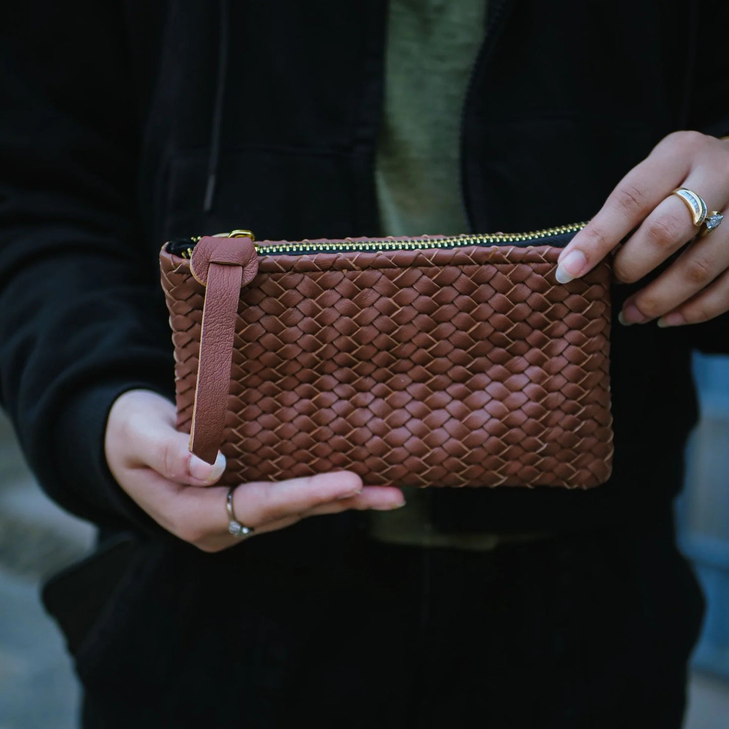 Mini Handwoven Leather Zipper Clutch Tan Brown  Genuine Leather Handmade Purse