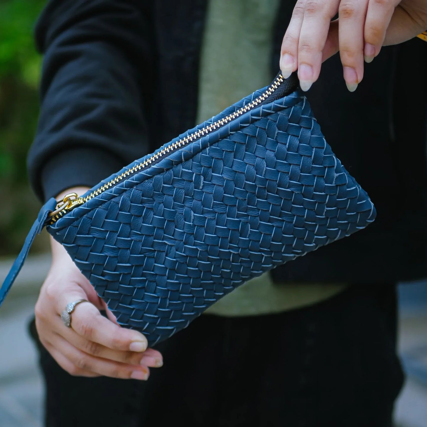 Mini Handwoven Leather Zipper Clutch – Blue Leather Handmade Purse