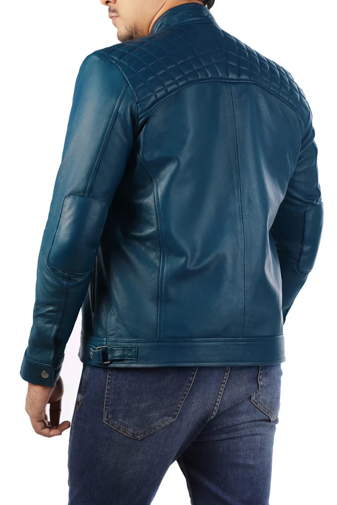 Men Jacket Leather Jacket Blue Biker Style Jacket Handmade jacket