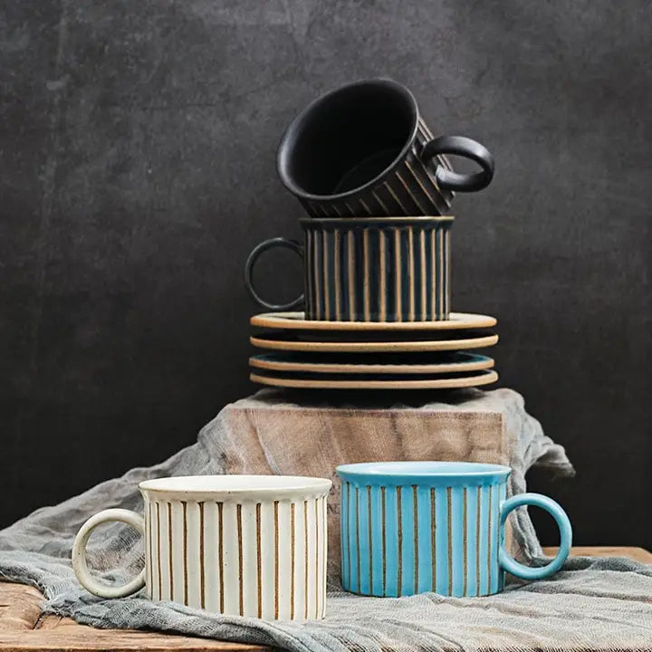 Handmade Stoneware Coffee Cup & Saucer Set Ceramic Tea Mug