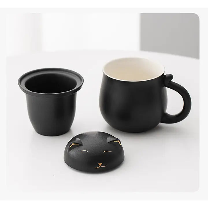 Lucky Black and White Cat Tea Cup with Infuser