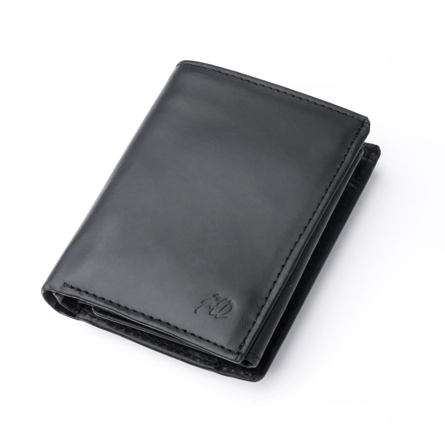 Black Pure Leather Compact Wallet - Bifold with Coin Pocket & Dual ID Windows