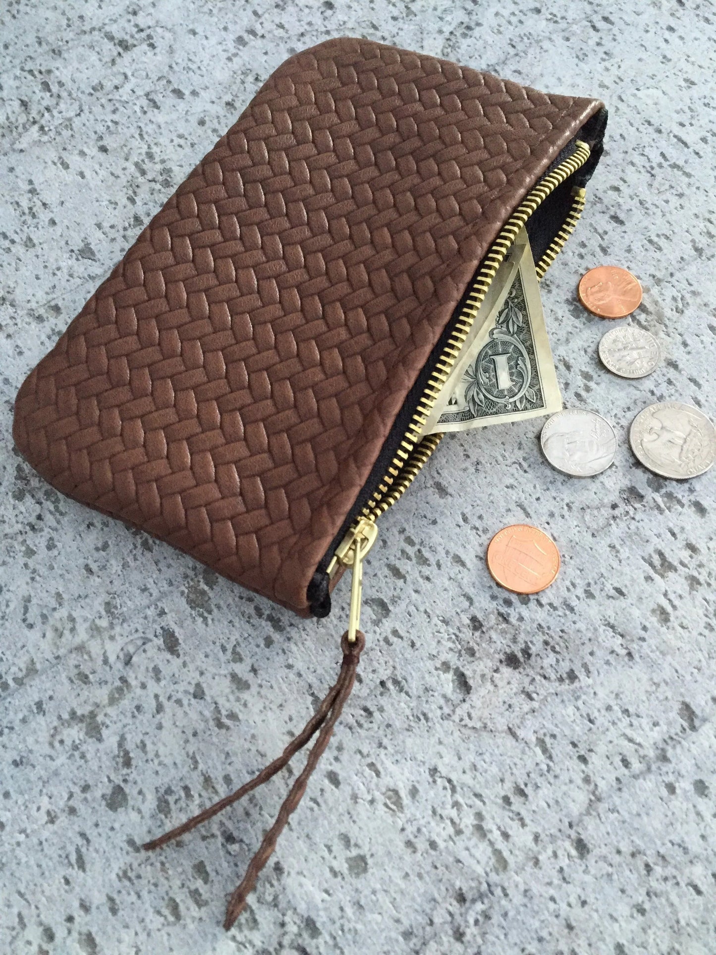 Mini Handwoven Leather Zipper Clutch Tan Brown  Genuine Leather Handmade Purse