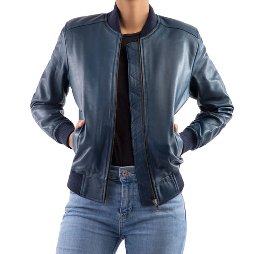 Handmade jacket Leather Jacket Women Bomber jacket Blue Jacket for women Ladies jacket