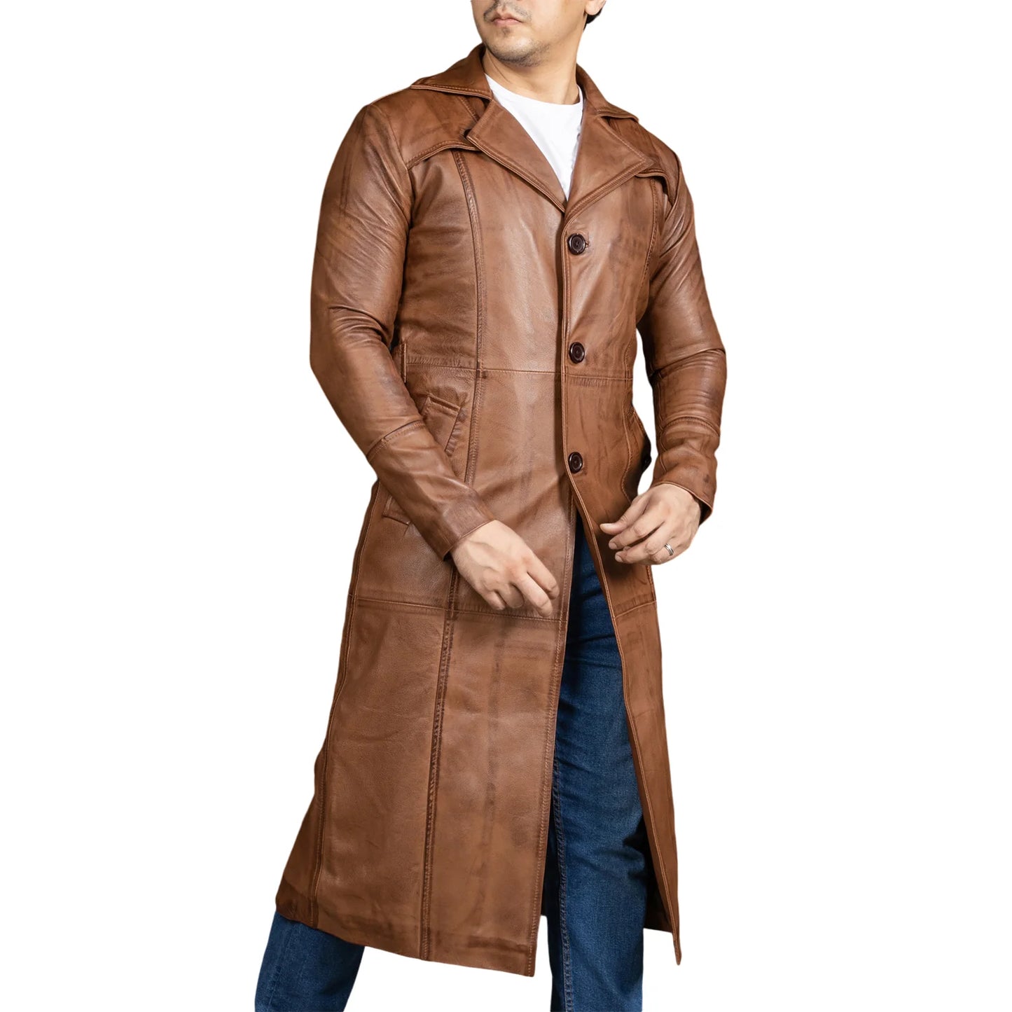 Handmade Leather Jacket Men Trench Coat Leather Overcoat