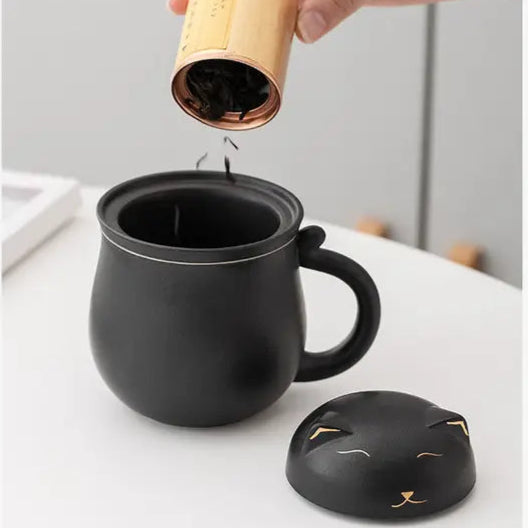 Lucky Black and White Cat Tea Cup with Infuser