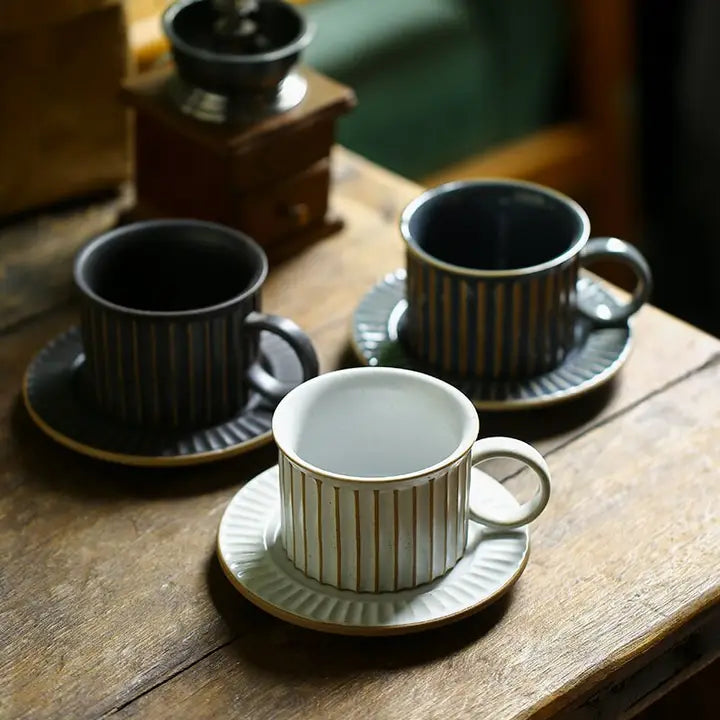 Handmade Stoneware Coffee Cup & Saucer Set Ceramic Tea Mug
