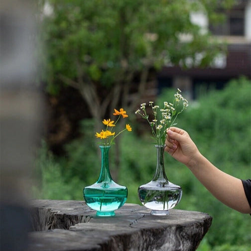 Handmade Glass Vase Clear Grey and Emerald green