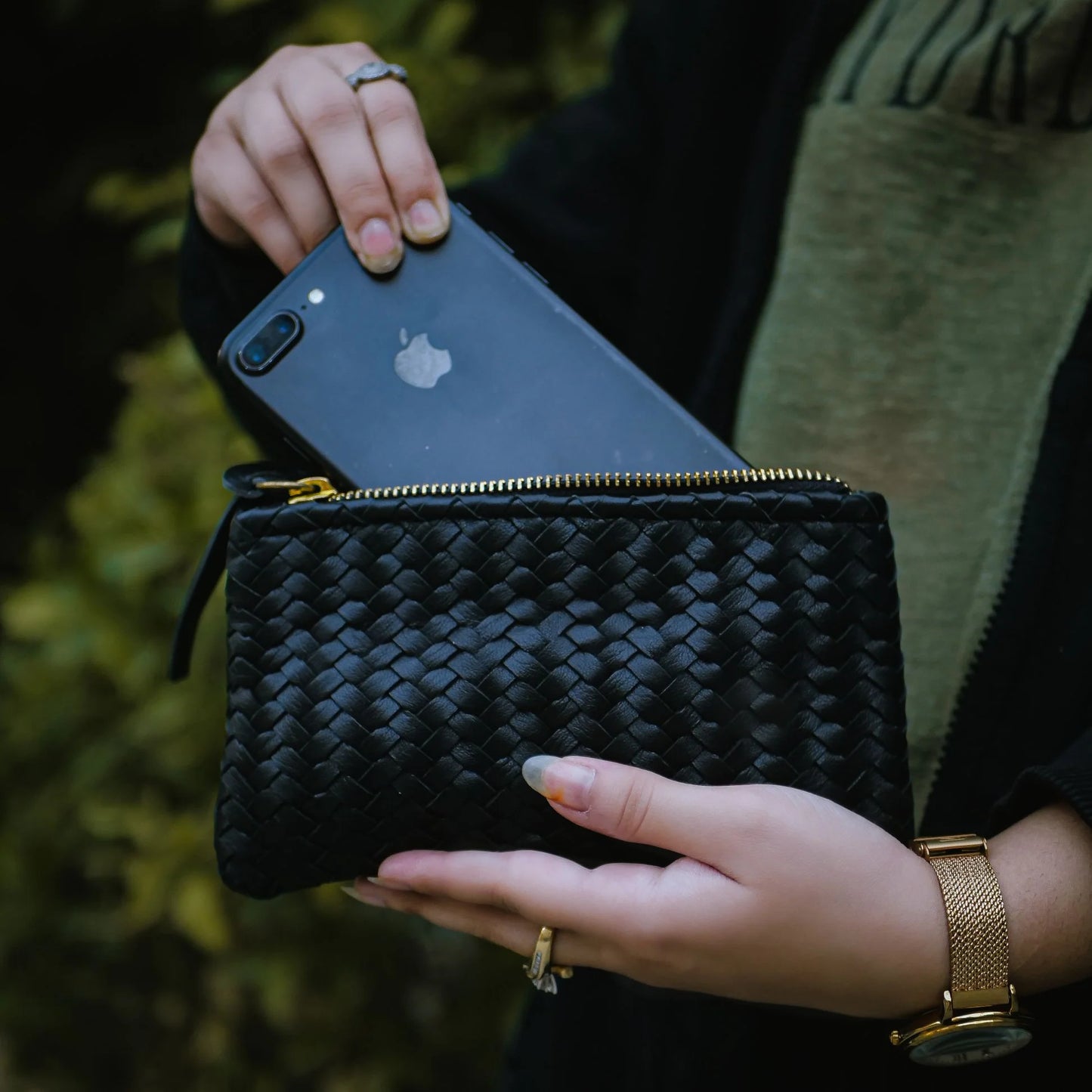 Mini Handwoven Leather Zipper Clutch – Black Handwoven Leather Purse