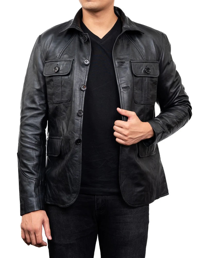 Men Blazer Handmade Blazer 5-Button Leather Blazer Black Blazer