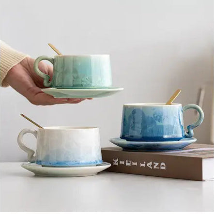Crystal Glazed Ceramic Coffee Mug and Saucer Set