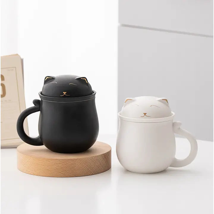 Lucky Black and White Cat Tea Cup with Infuser