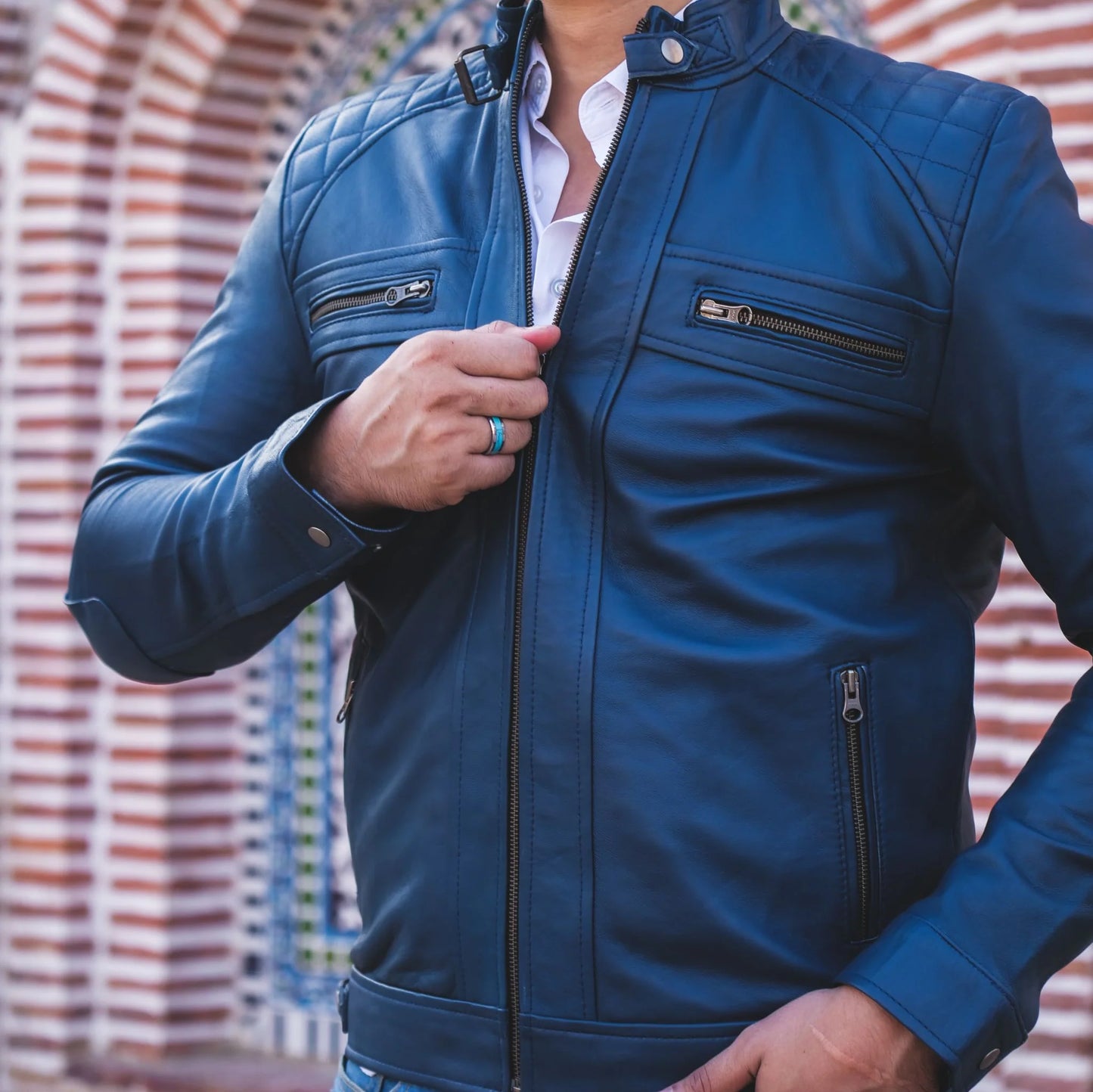 Men Jacket Leather Jacket Blue Biker Style Jacket Handmade jacket