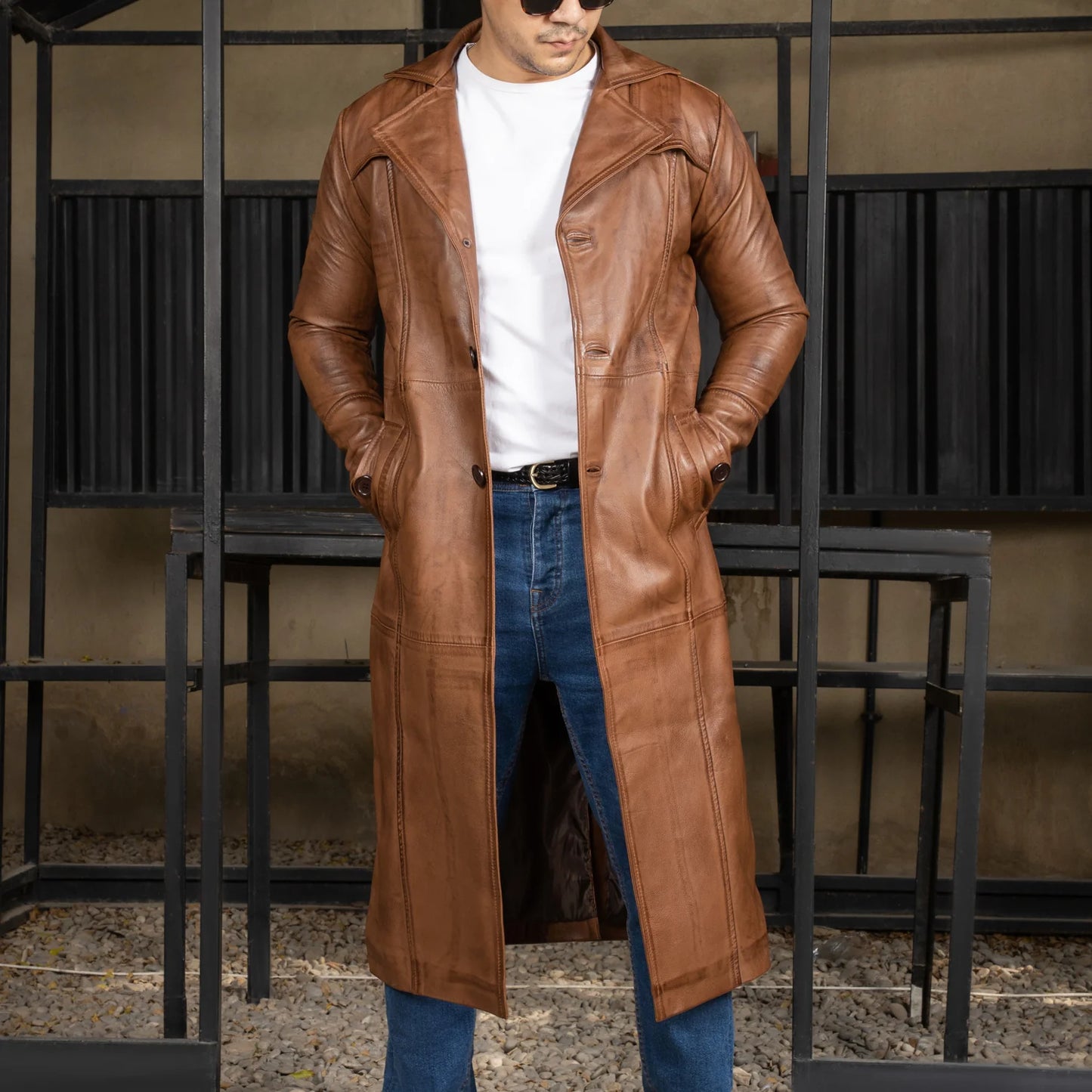 Handmade Leather Jacket Men Trench Coat Leather Overcoat