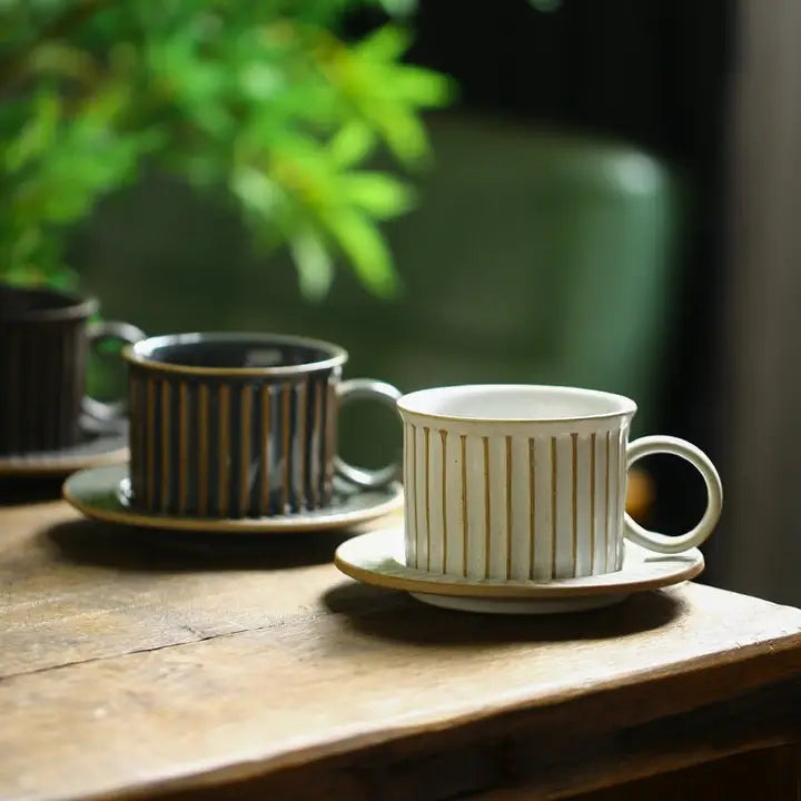 Handmade Stoneware Coffee Cup & Saucer Set Ceramic Tea Mug