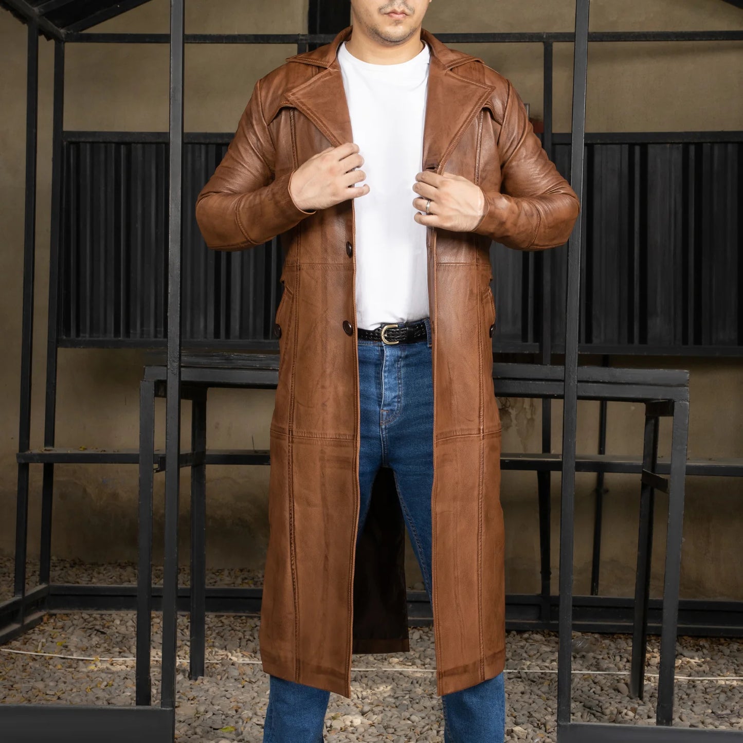 Handmade Leather Jacket Men Trench Coat Leather Overcoat