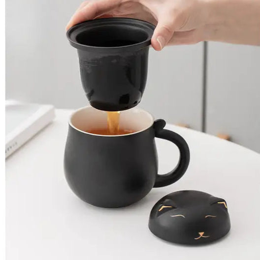 Lucky Black and White Cat Tea Cup with Infuser