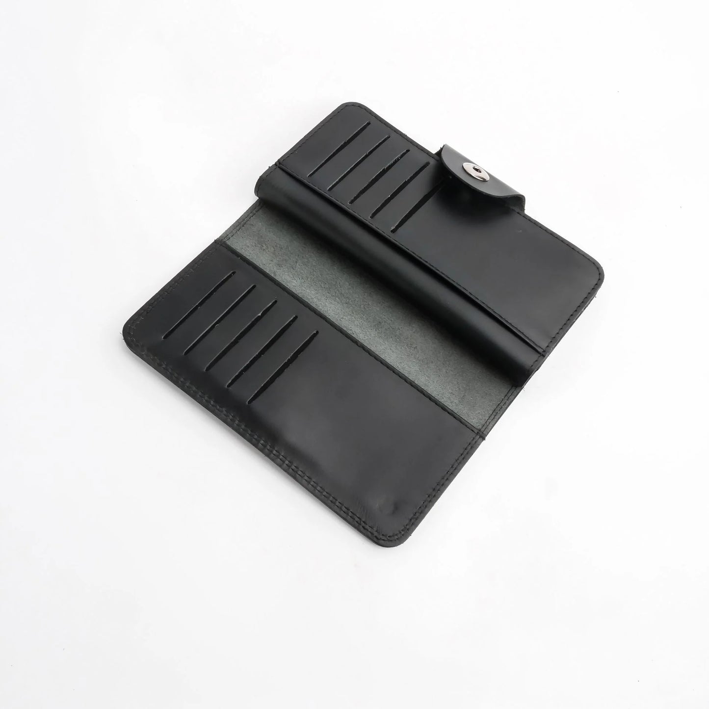 Pure Leather Long Wallet with Button Closure – Black 22 Card Slots & 6 Compartments