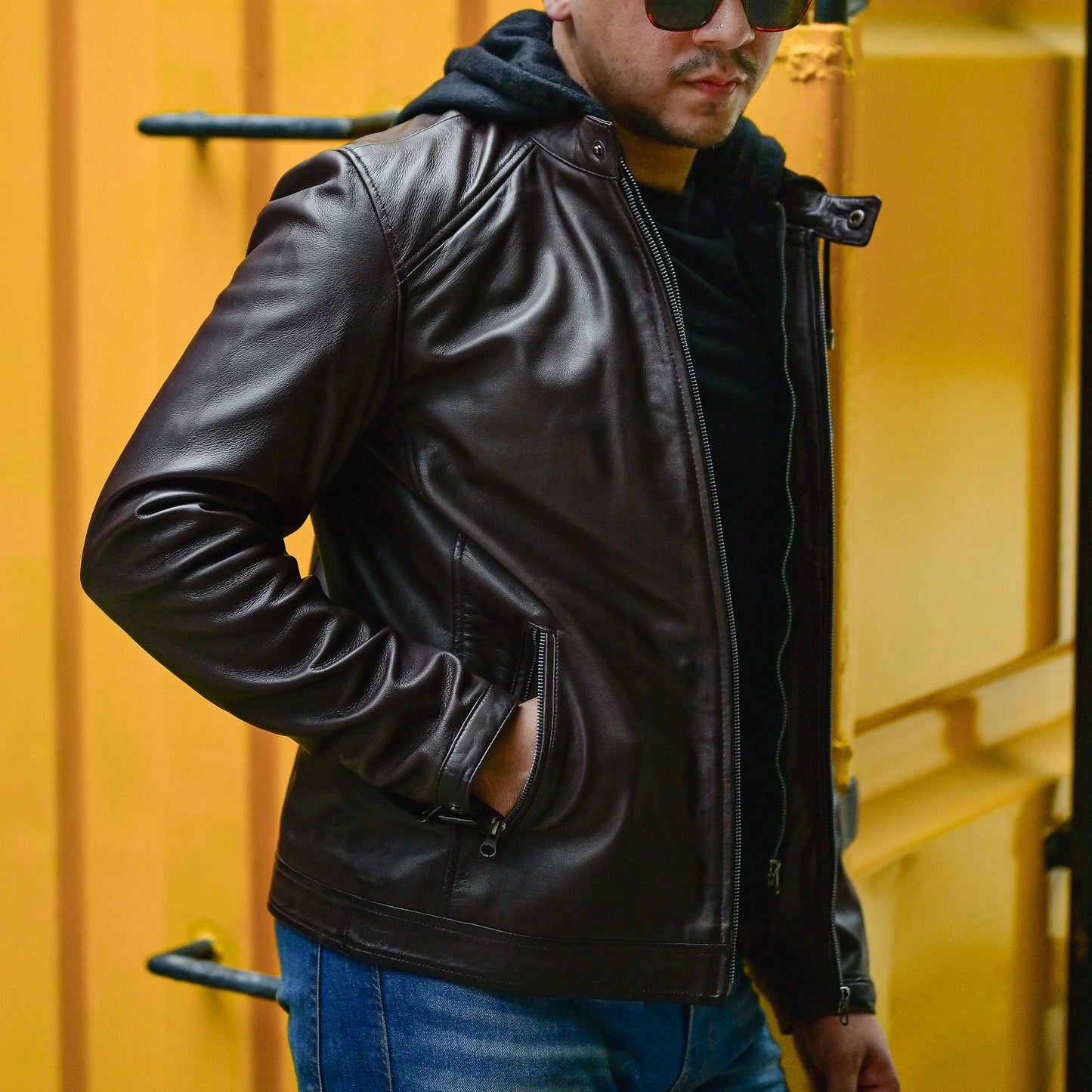 Leather Hooded Jacket Handmade Hood for Men Removable Hood Jacket