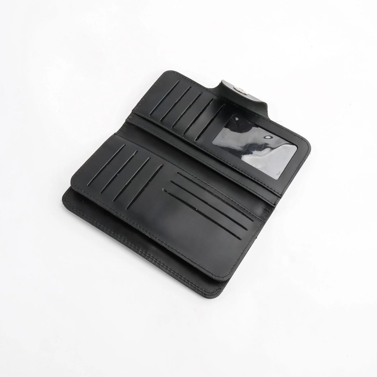 Pure Leather Long Wallet with Button Closure – Black 22 Card Slots & 6 Compartments