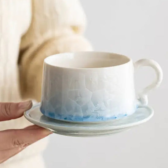 Crystal Glazed Ceramic Coffee Mug and Saucer Set