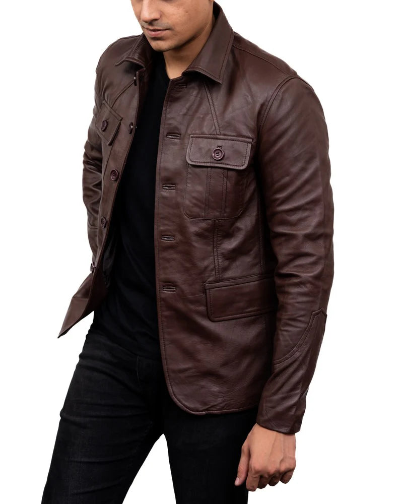 Leather Blazer Handmade Blazer Men Blazer 5-Button Leather Blazer Brown leather Blazer