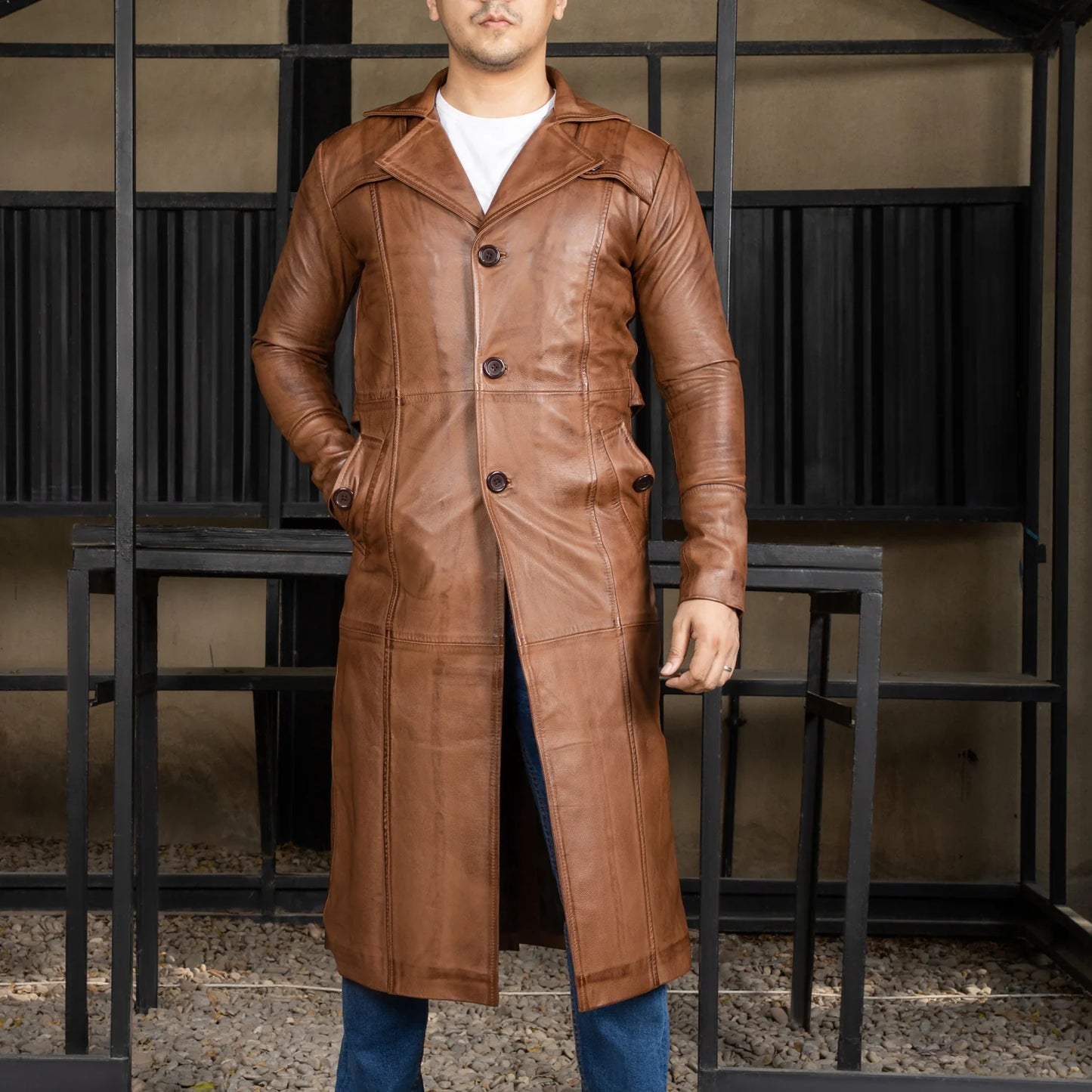 Handmade Leather Jacket Men Trench Coat Leather Overcoat
