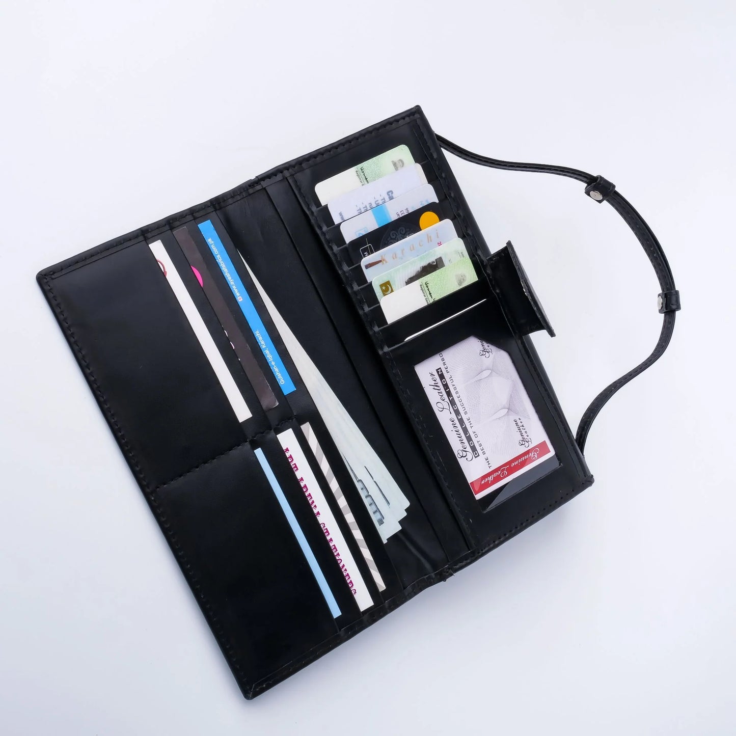 Women’s Leather Clutch Wallet with Handle – Black Magnetic & Zipper Closure