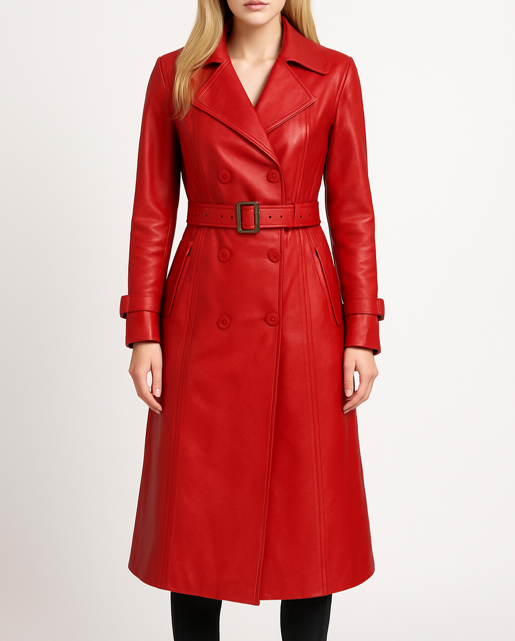 Handmade Long coat Leather Long Coat Women coat Red long coat Trench Coat Long coat with belt Ladies long coat