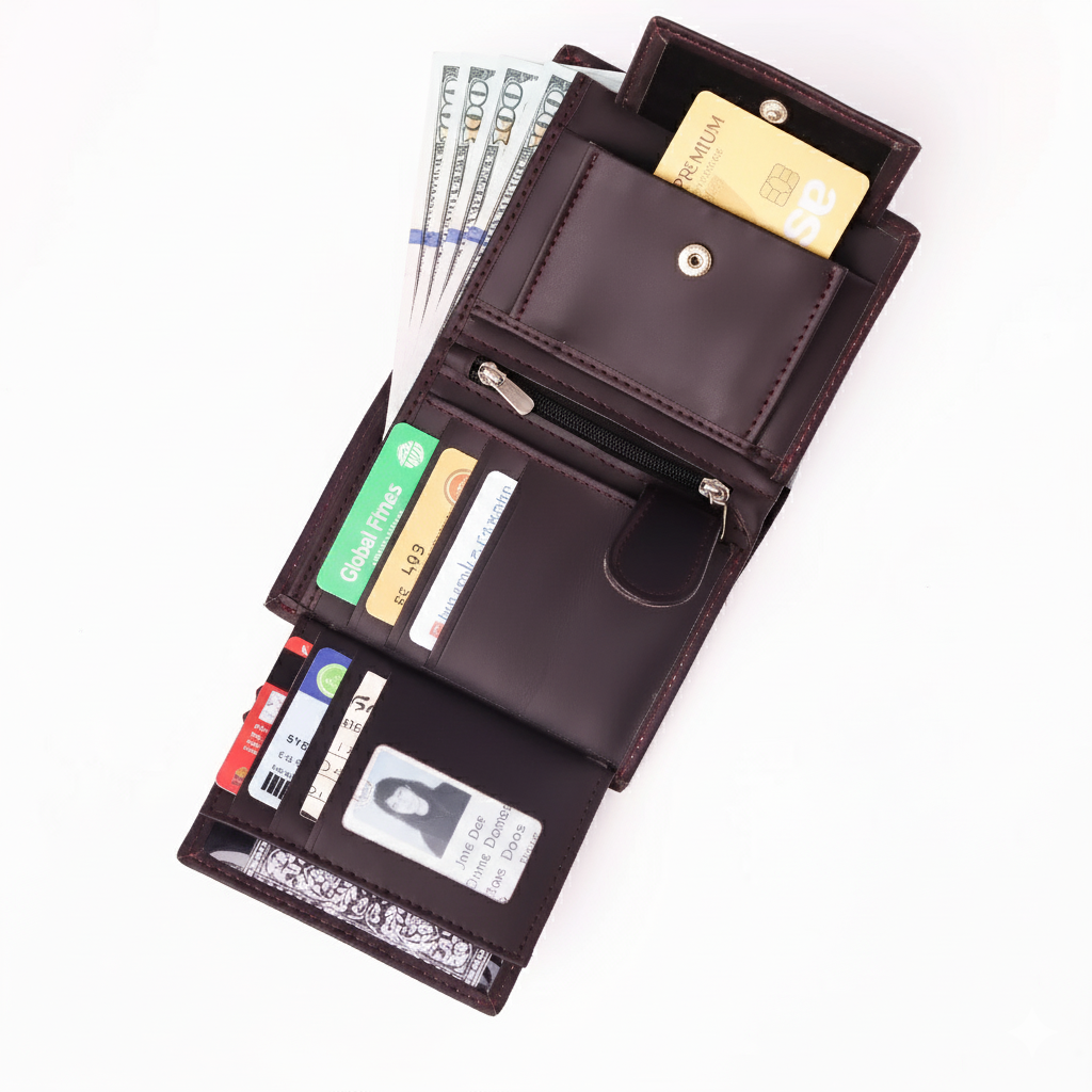 Burgundy Pure Leather Compact Wallet - Bifold with Coin Pocket & Dual ID Windows