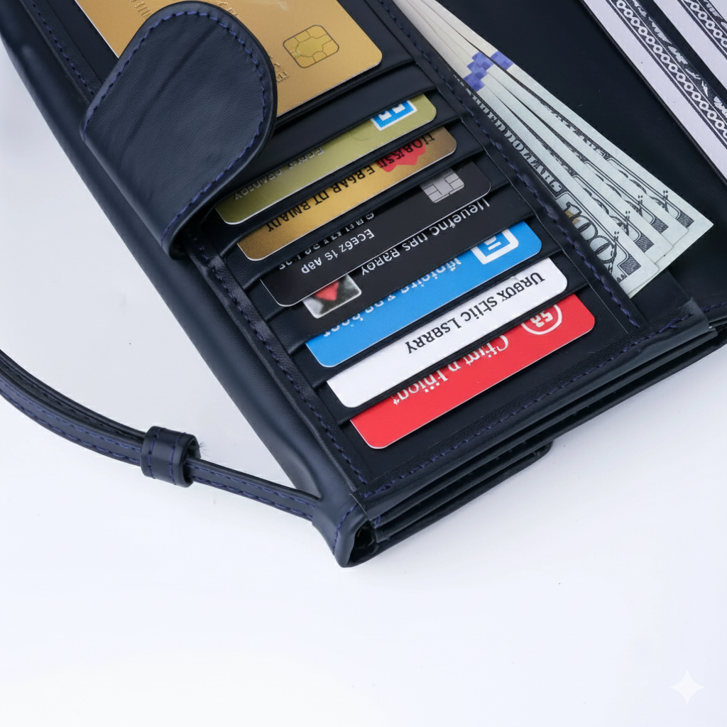 Women’s Leather Clutch Wallet with Handle – Blue