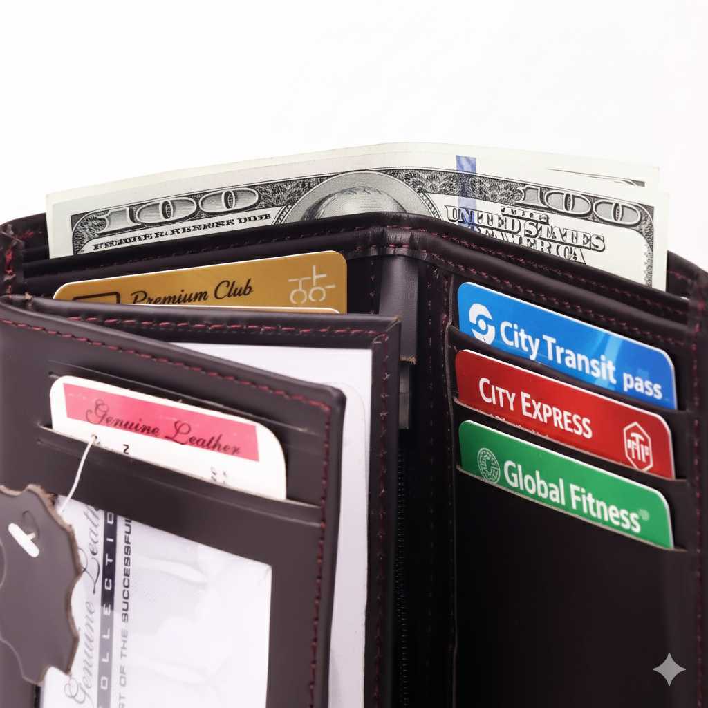 Burgundy Pure Leather Compact Wallet - Bifold with Coin Pocket & Dual ID Windows