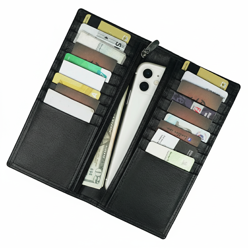 Men’s Leather Long Wallet – Black | 18 Card Slots, Zipper Pocket & Passport Holder
