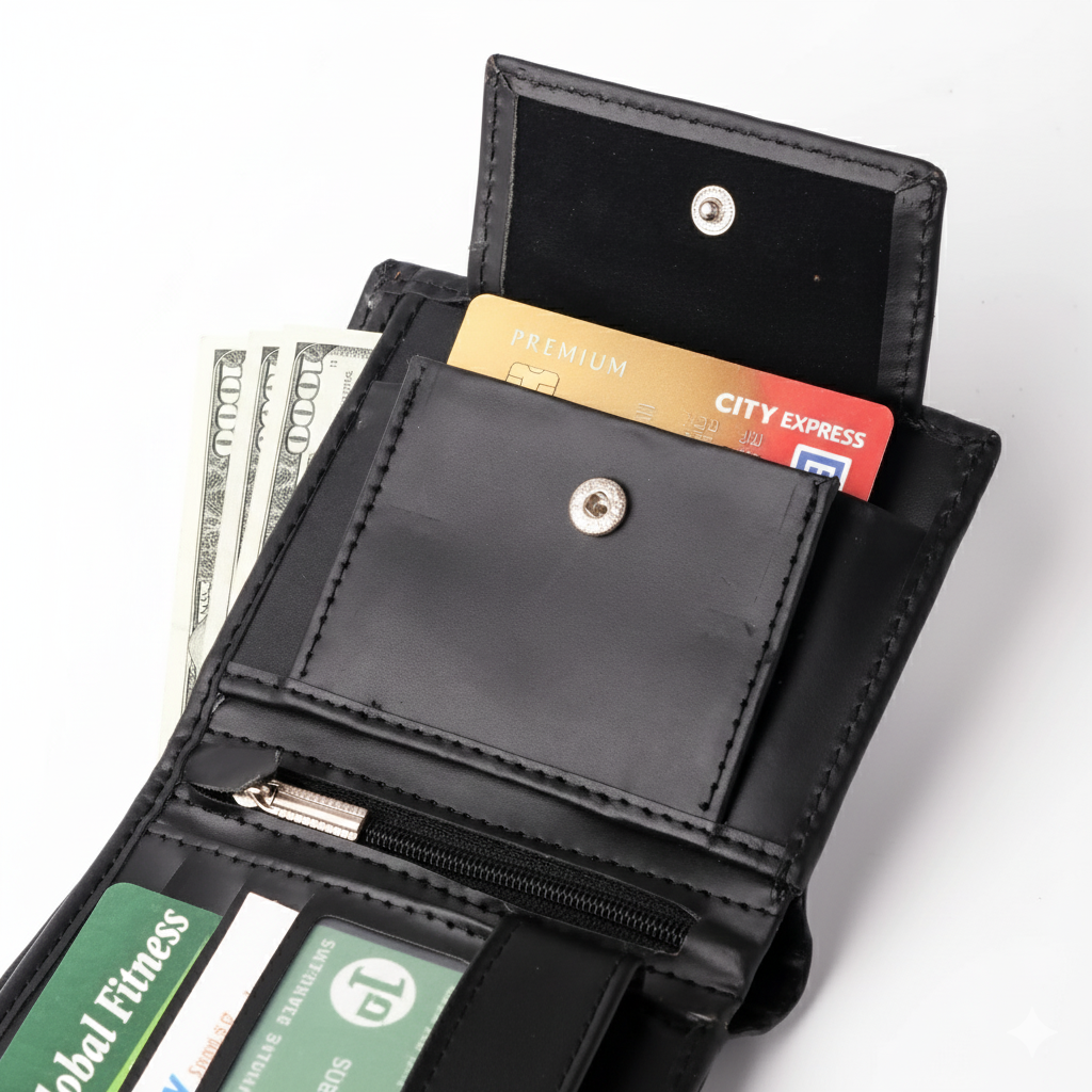 Black Pure Leather Compact Wallet - Bifold with Coin Pocket & Dual ID Windows
