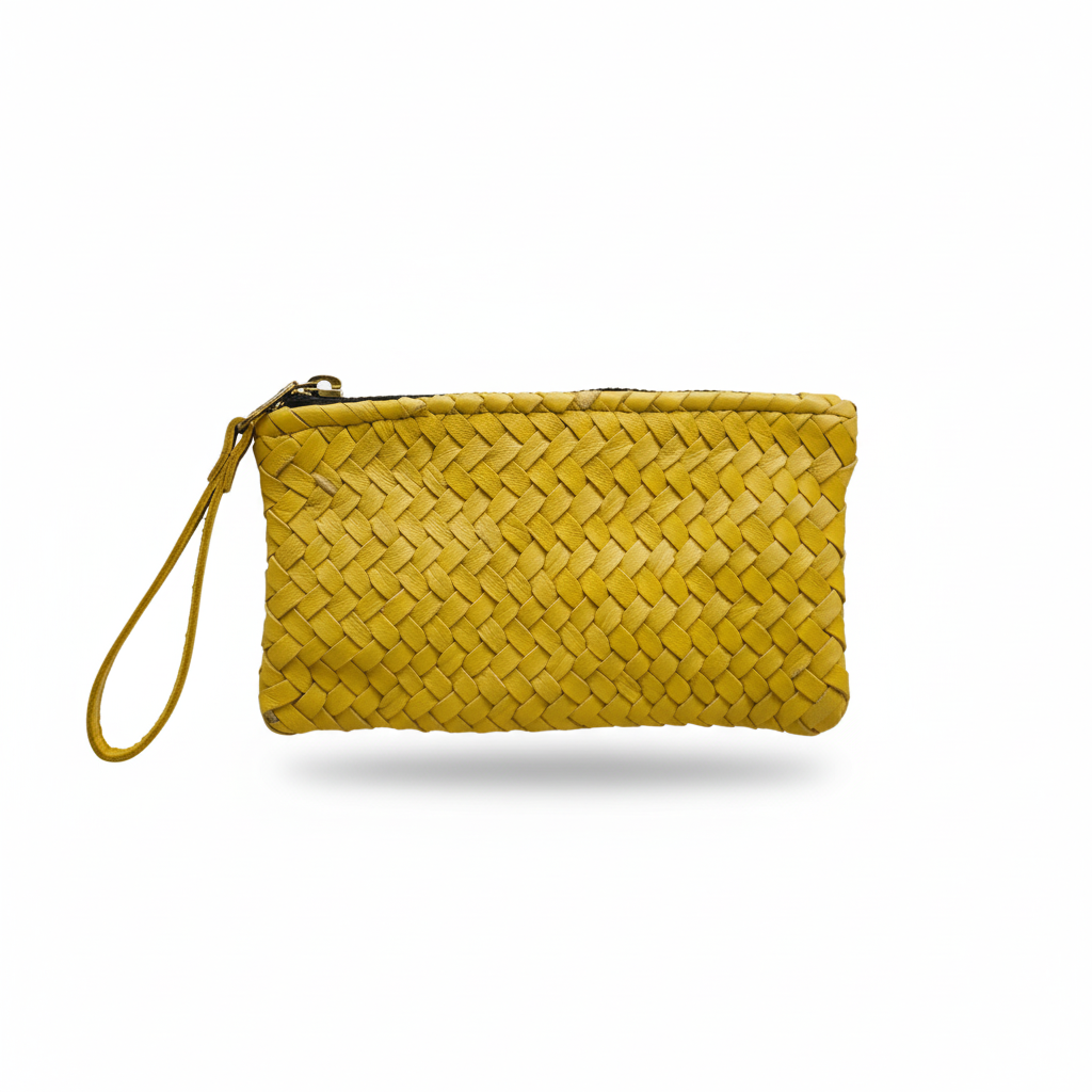 Mini Handwoven Leather Zipper Clutch – Yellow Handwoven Leather Purse