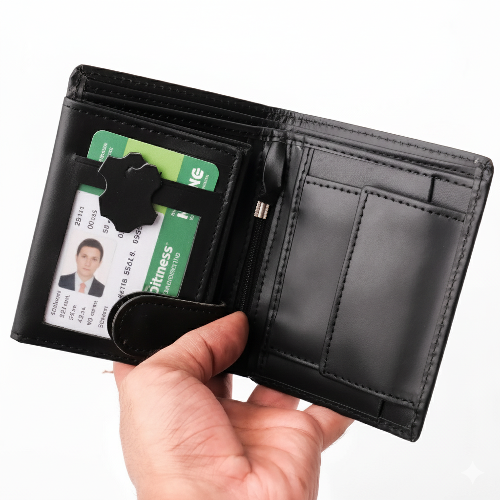 Black Pure Leather Compact Wallet - Bifold with Coin Pocket & Dual ID Windows