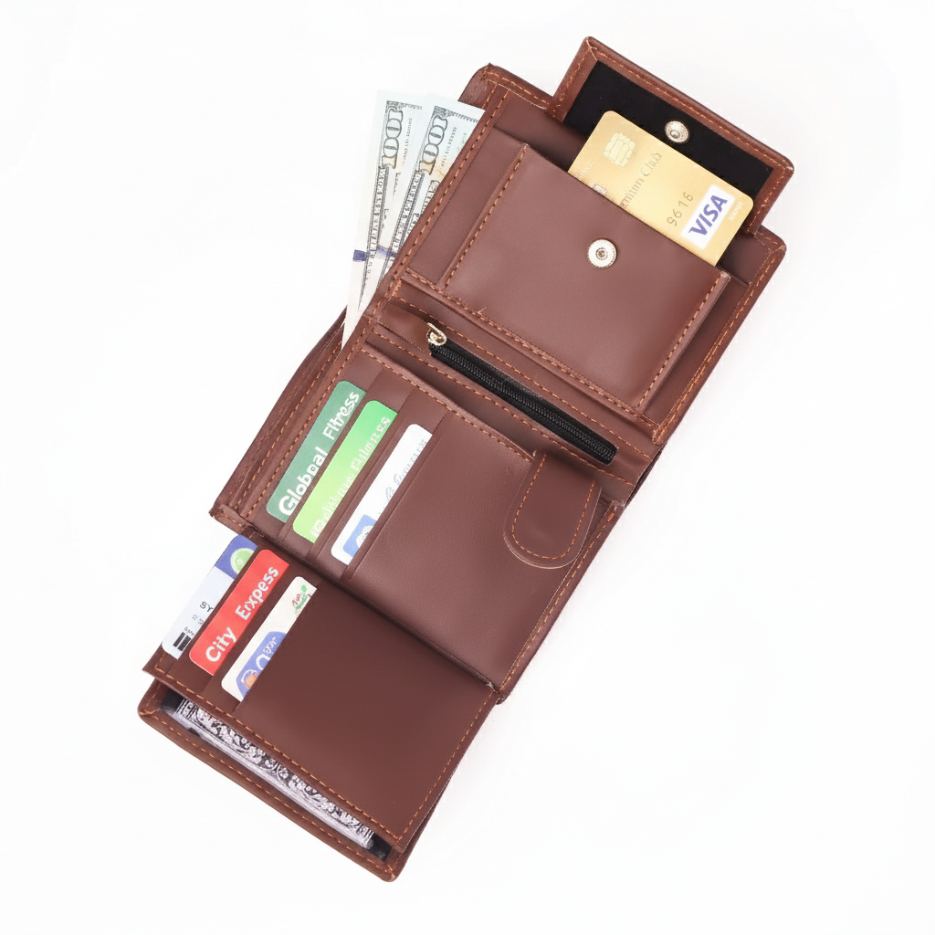 Brown Pure Leather Compact Wallet - Bifold with Coin Pocket & Dual ID Windows