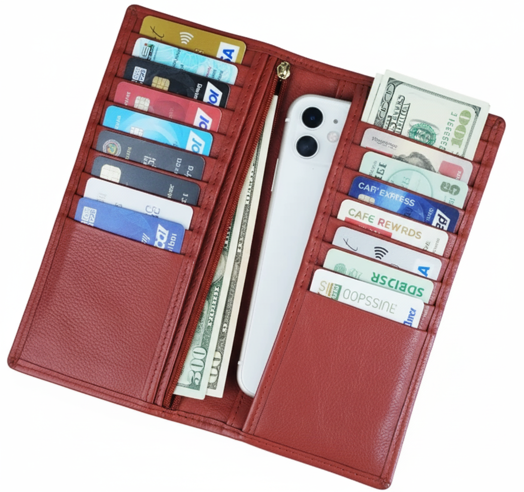 Men’s Leather Long Wallet – Tan | 18 Card Slots, Zipper Pocket & Passport Holder