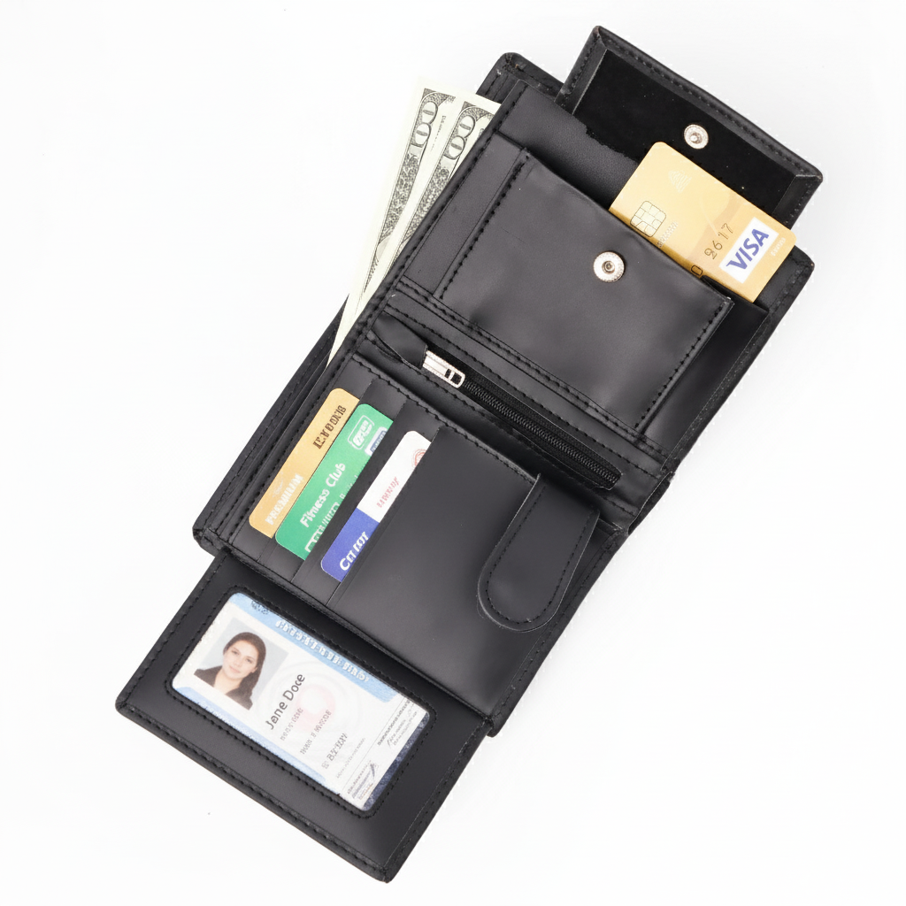 Black Pure Leather Compact Wallet - Bifold with Coin Pocket & Dual ID Windows