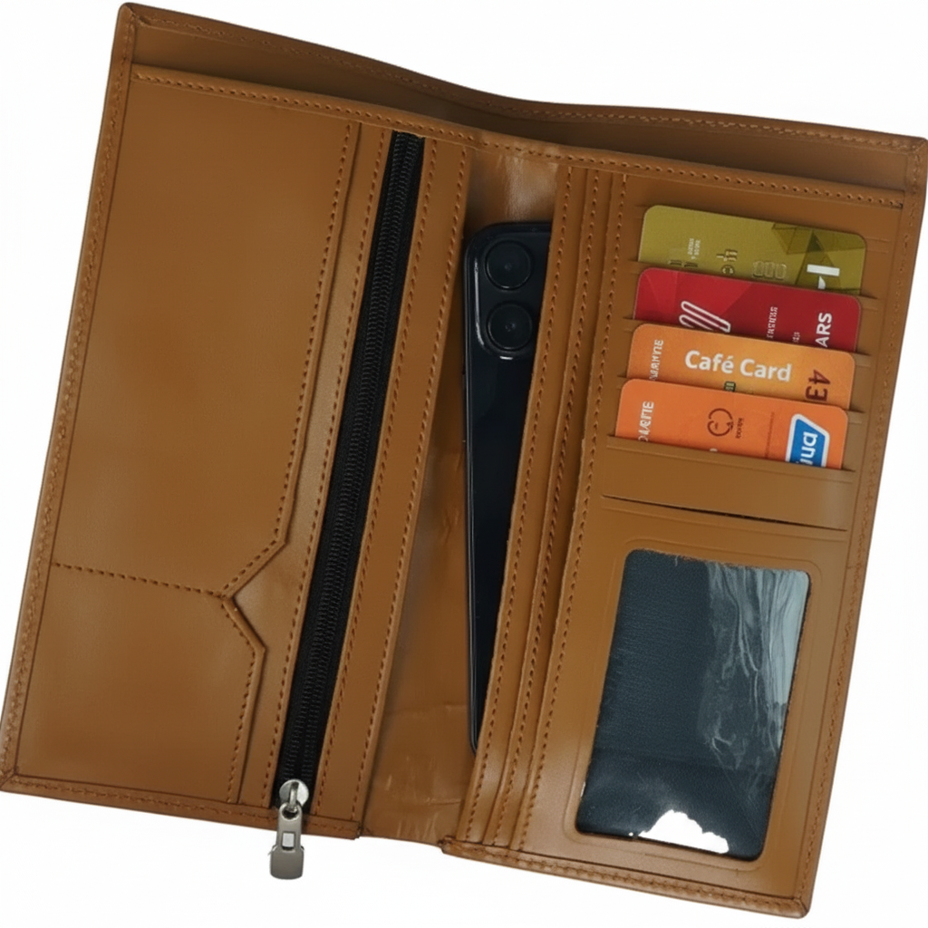 Multi-Purpose Leather Long Wallet for Men – Camel  Genuine Cowhide Travel Wallet
