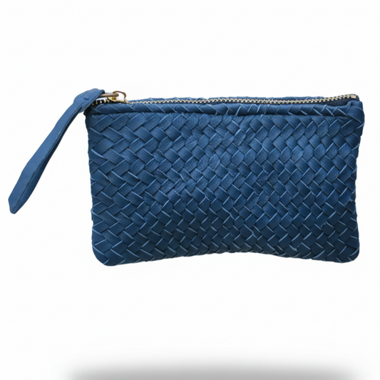 Mini Handwoven Leather Zipper Clutch – Blue Leather Handmade Purse