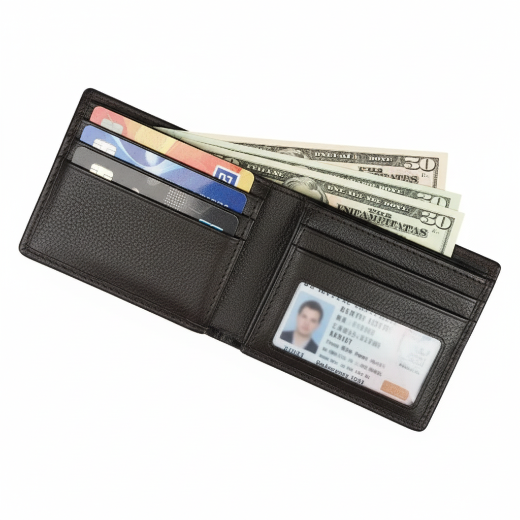 Slim Bi-Fold Men’s Wallet – Butter Soft Natural Cow Leather with ID Window, 6 Card Slots & Cash Compartments