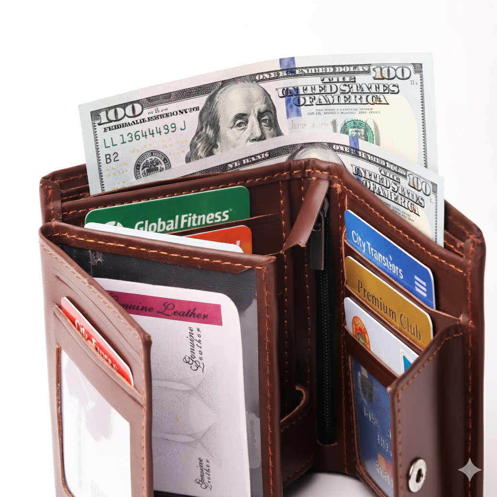 Brown Pure Leather Compact Wallet - Bifold with Coin Pocket & Dual ID Windows