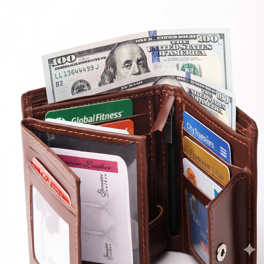 Brown Pure Leather Compact Wallet - Bifold with Coin Pocket & Dual ID Windows